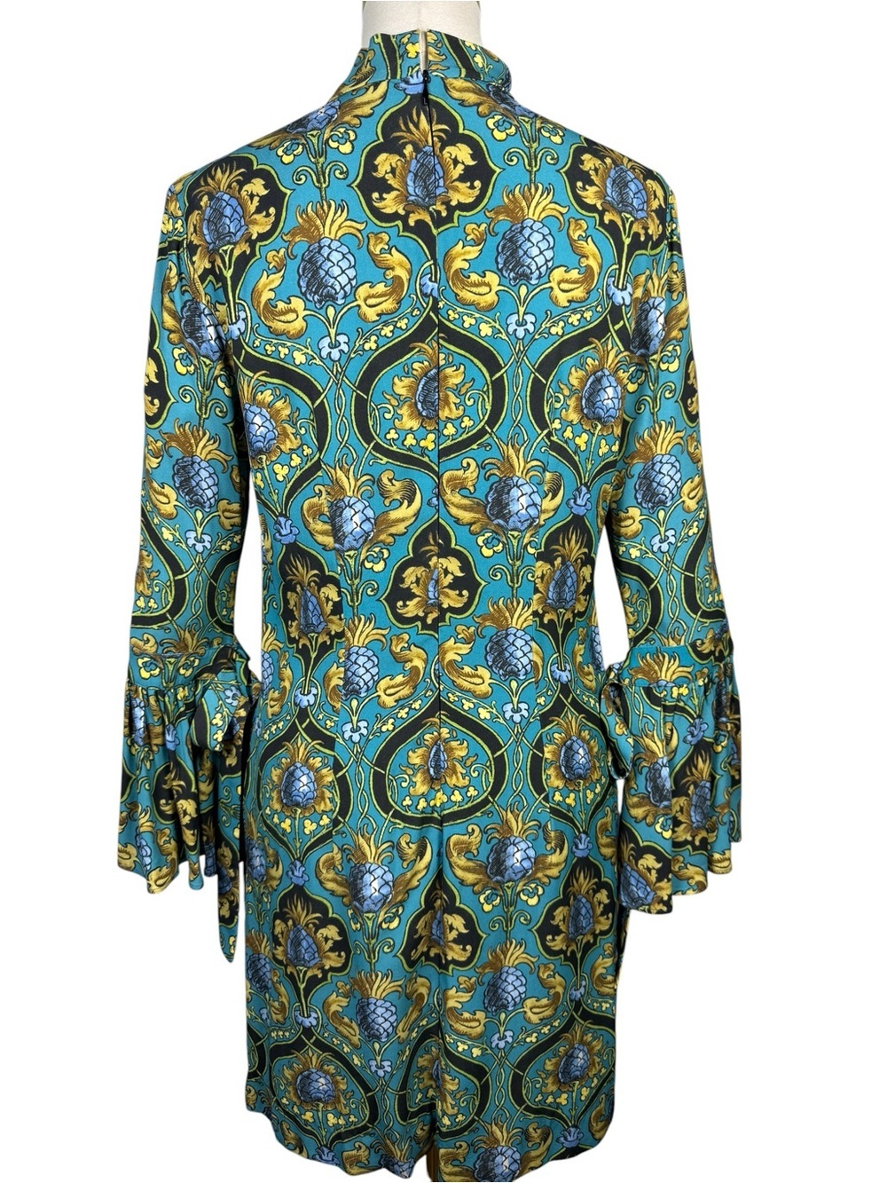La DoubleJ Foxy Style Mini Dress Archival Ananas Print High Neck Bell Sleeve S - Picture 2 of 10